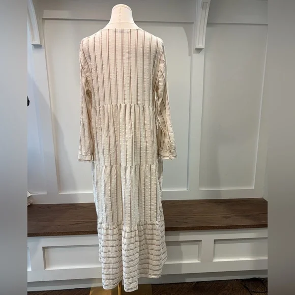 ZARA Striped White & Brown Tiered V Neck Midi Dress Linen Blend Size Medium - Picture 3 of 5